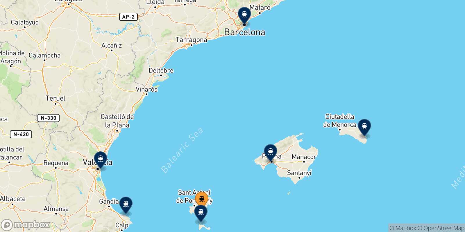 Mappa delle destinazioni raggiungibili da Ibiza