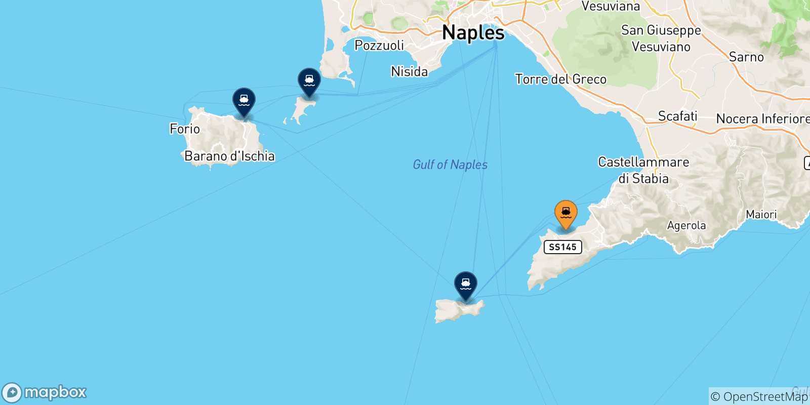 Mappa delle possibili rotte tra Sorrento e il Golfo Di Napoli