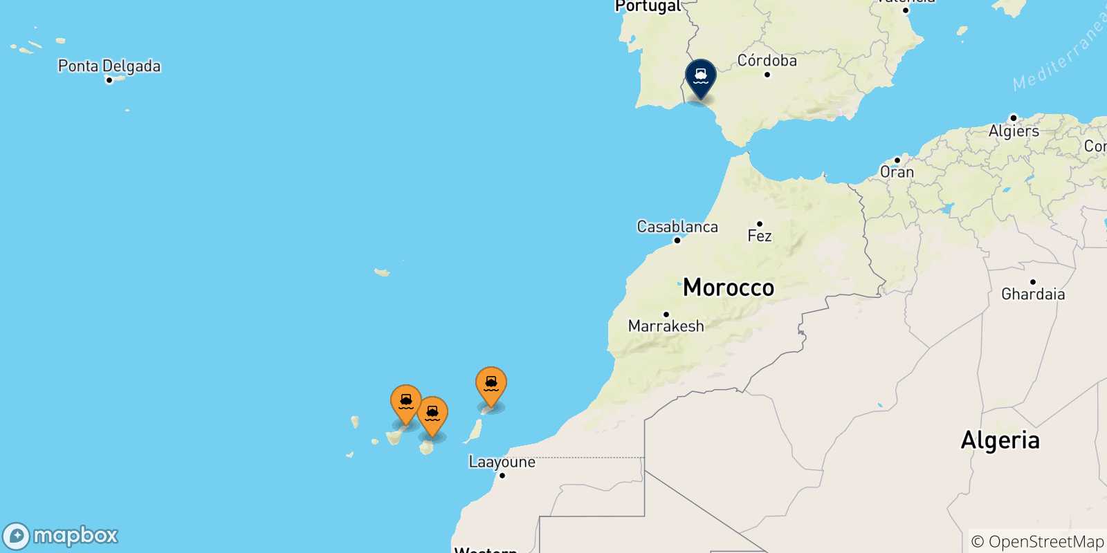 Mappa delle possibili rotte tra le Isole Canarie e Huelva