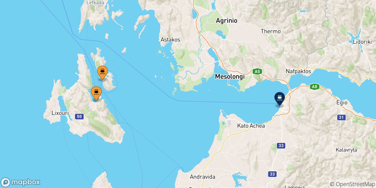 Mappa delle possibili rotte tra le Isole Ionie e Patrasso