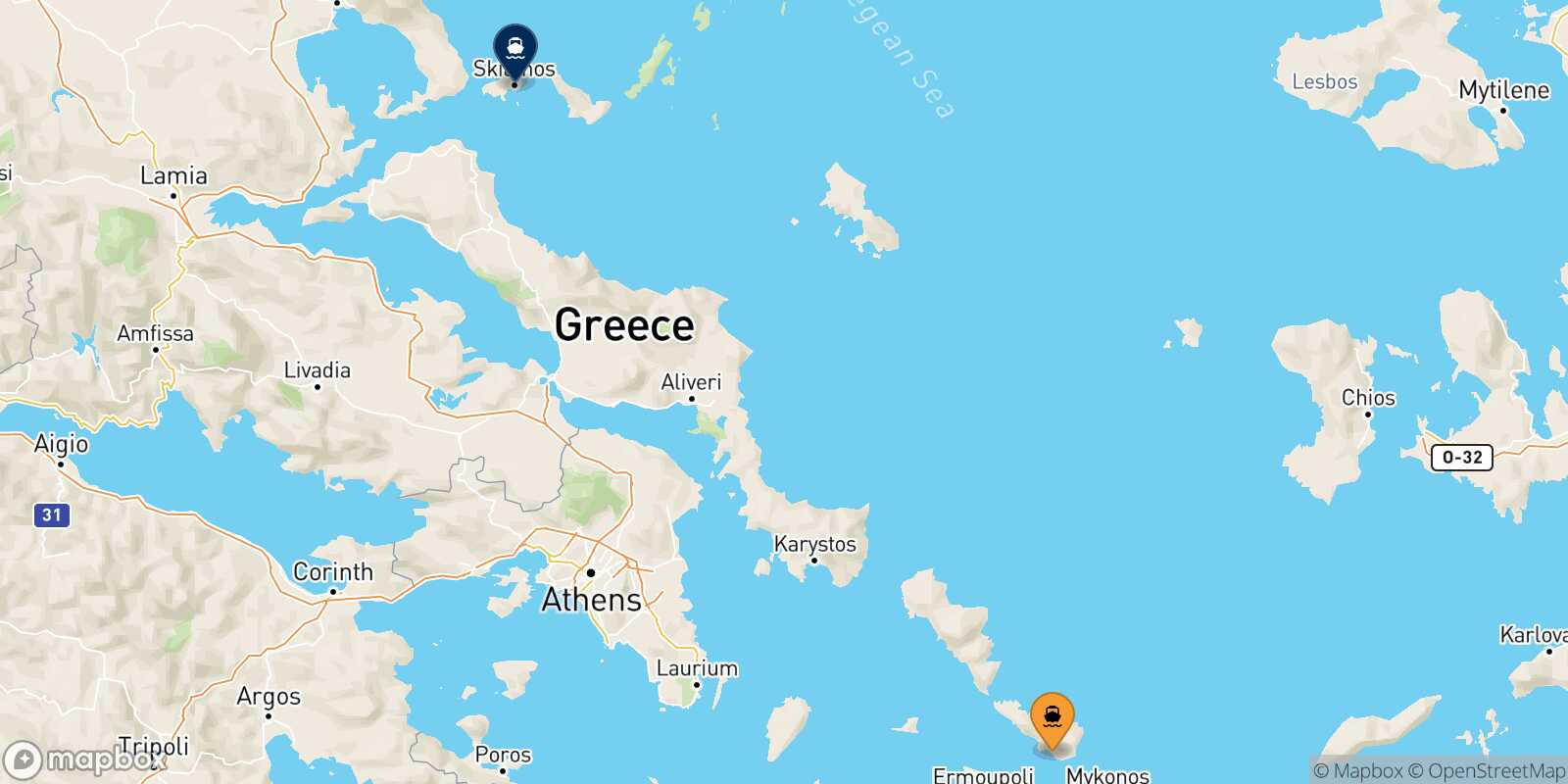 Mappa della rotta Tinos Skiathos