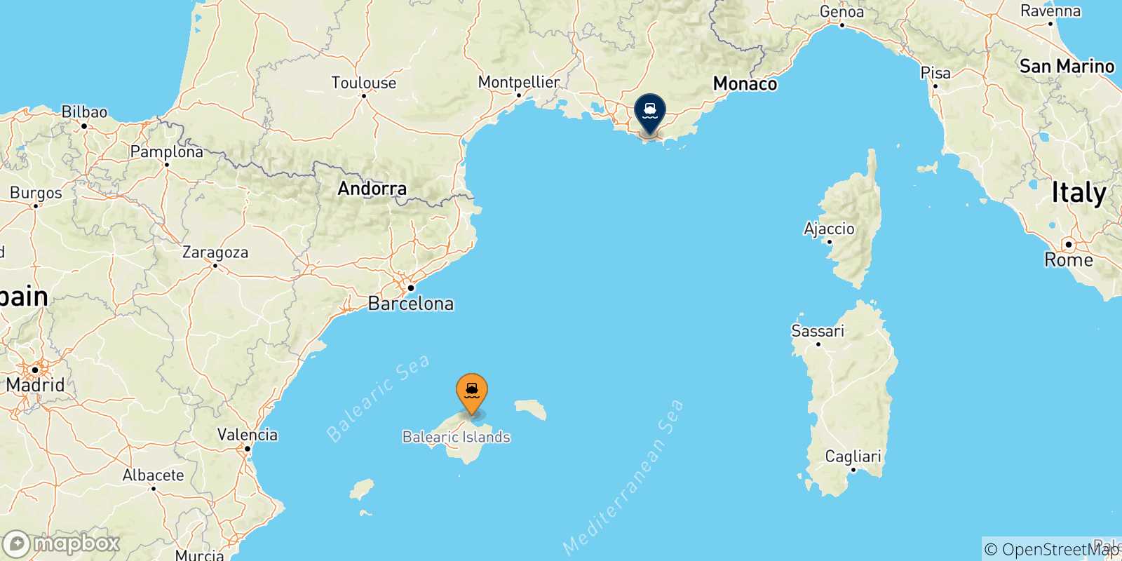 Mappa delle possibili rotte tra le Isole Baleari e la Francia