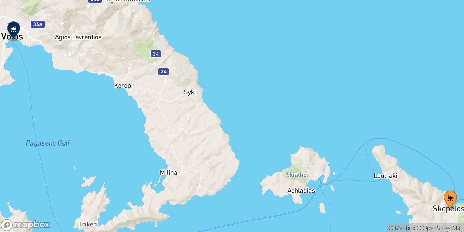 Mappa della rotta Skopelos Volos