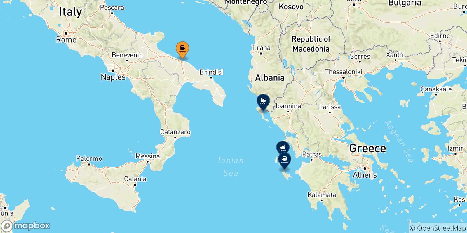Mappa delle possibili rotte tra Bari e le Isole Ionie