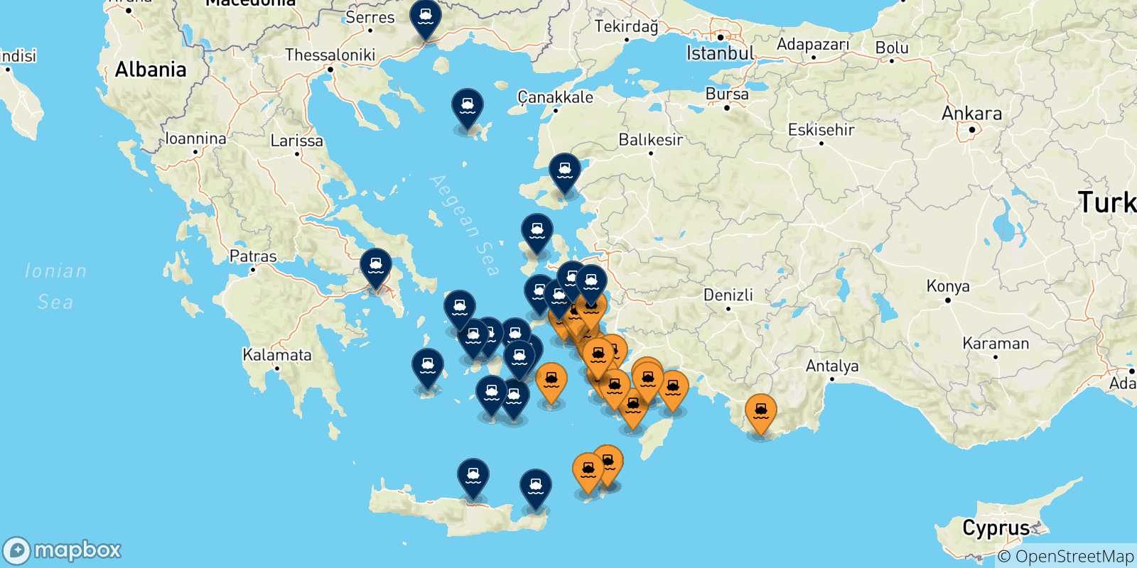 Mappa delle possibili rotte tra le Isole Dodecaneso e la Grecia