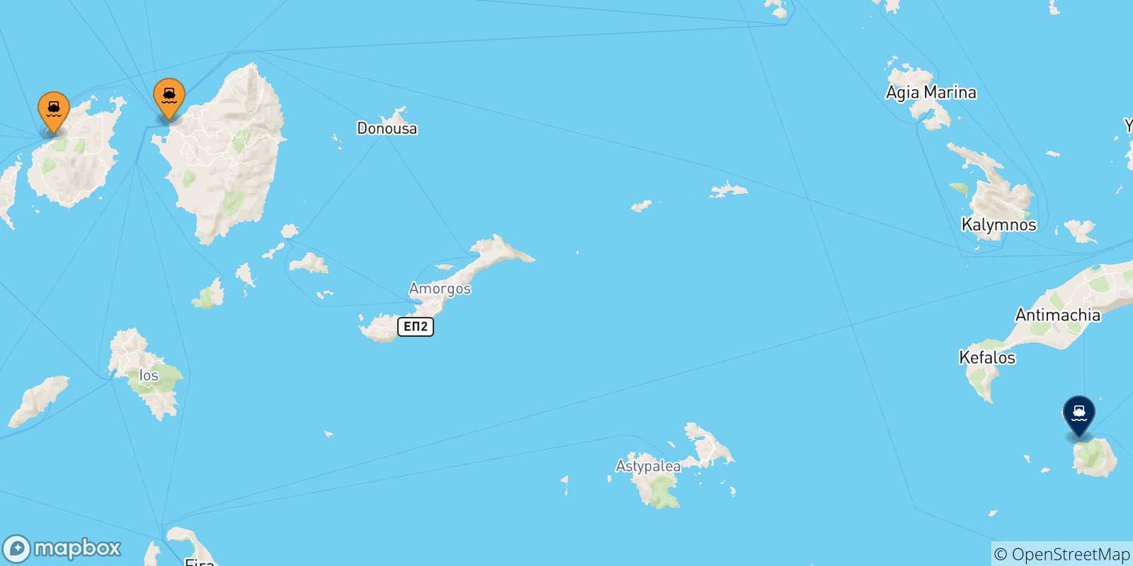 Mappa delle possibili rotte tra le Isole Cicladi e Nisyros