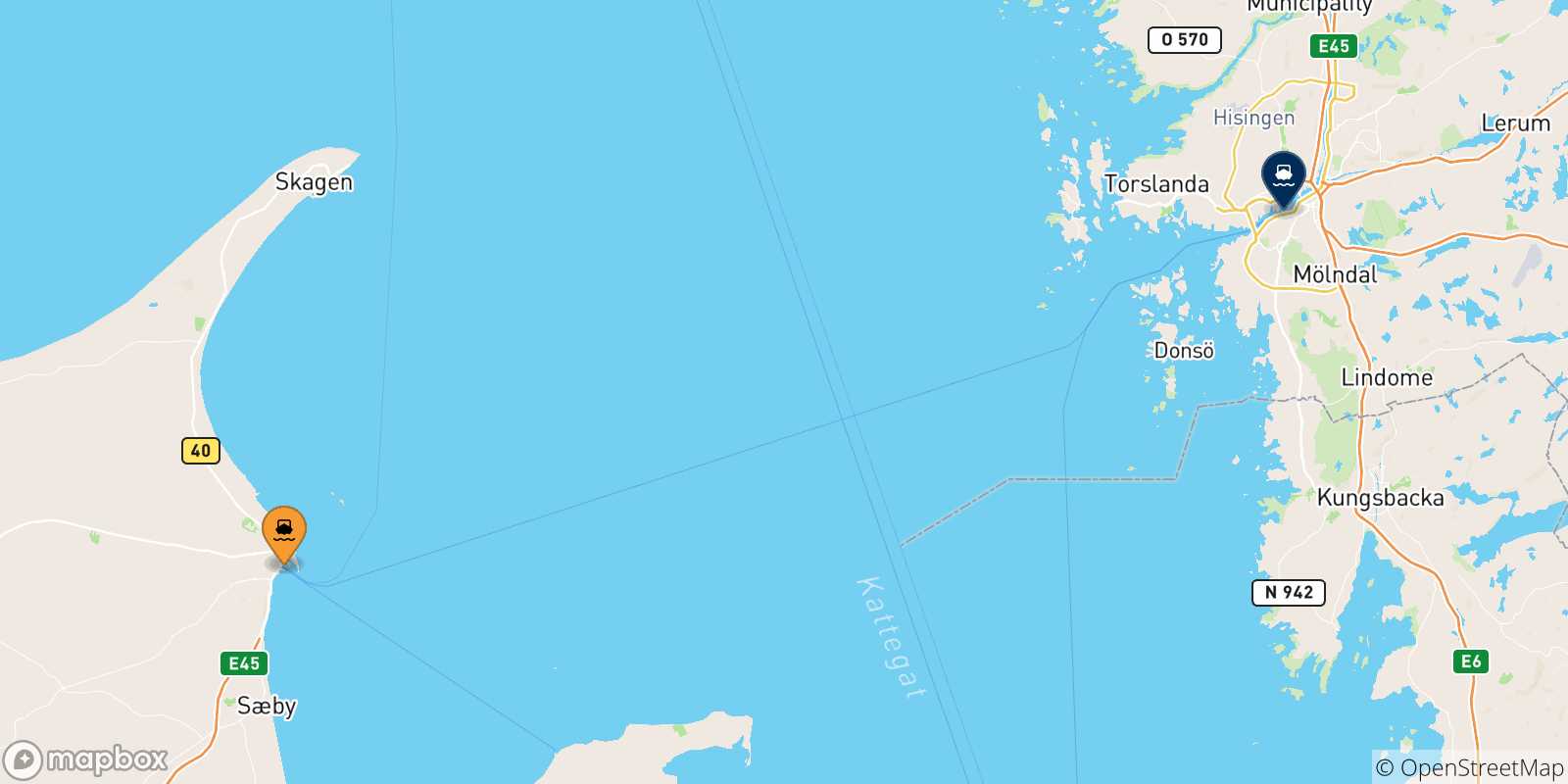 Mappa delle possibili rotte tra la Danimarca e Goteborg