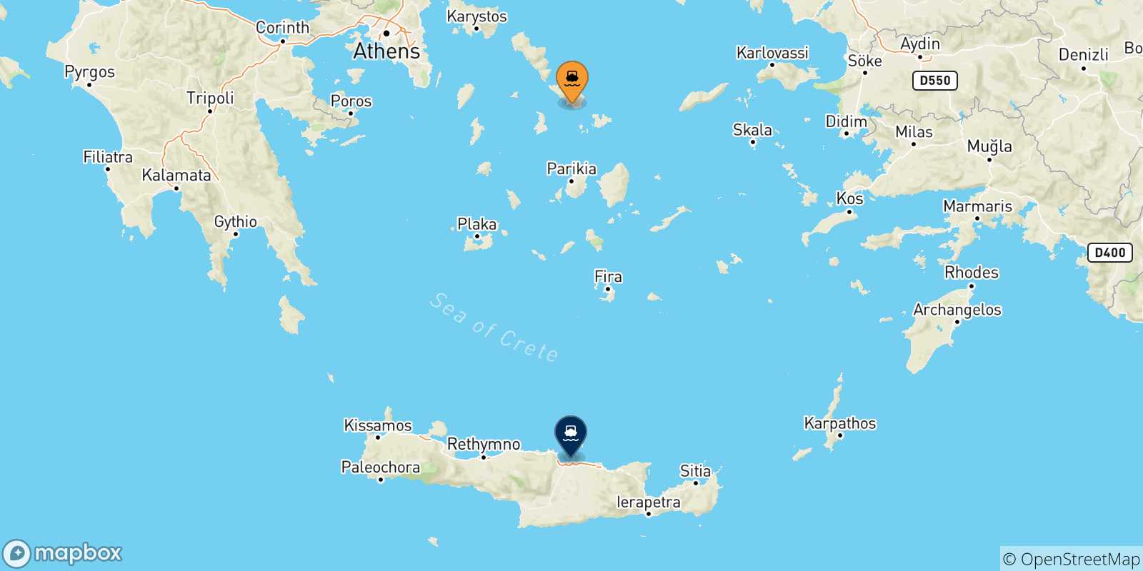 Mappa delle possibili rotte tra Tinos e Creta