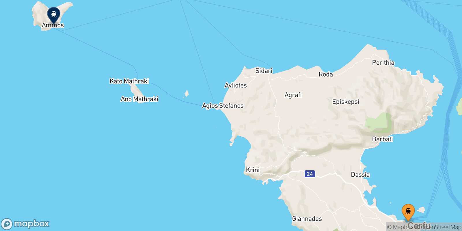 Mappa della rotta Corfu Othoni Fano