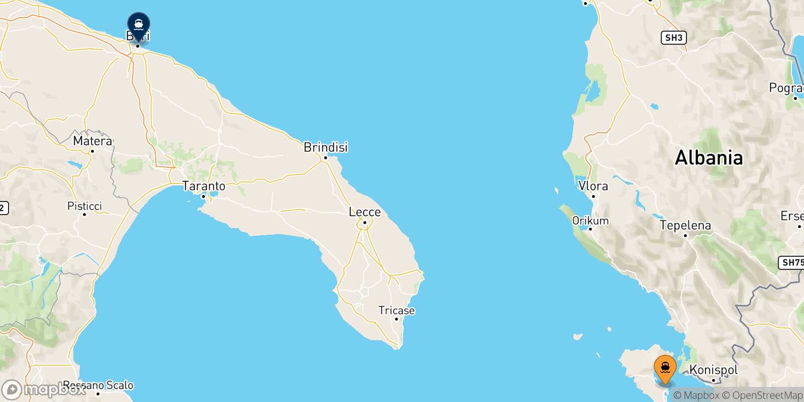 Mappa della rotta Corfu Bari