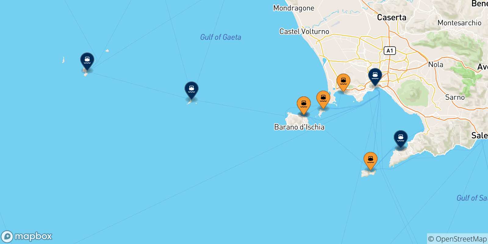 Mappa delle possibili rotte tra il Golfo Di Napoli e l'Italia
