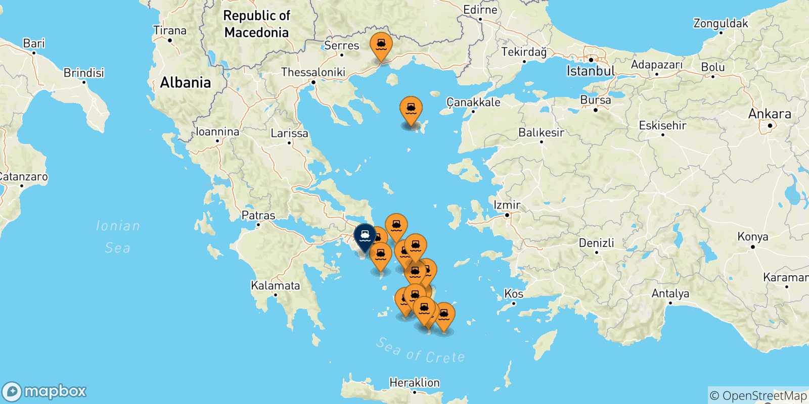 Mappa delle possibili rotte tra la Grecia e Lavrio
