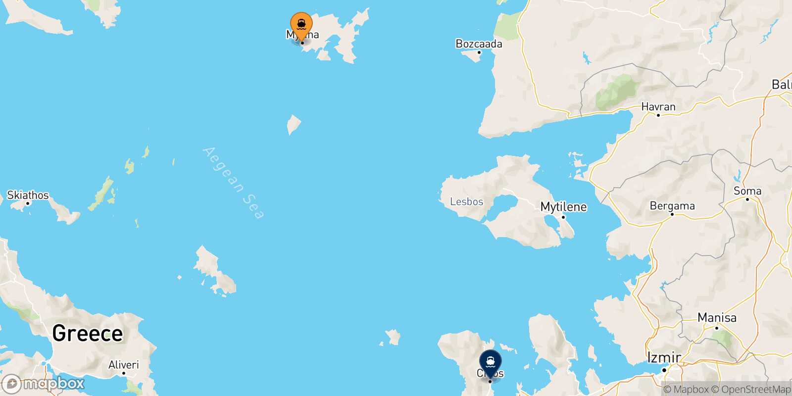 Mappa della rotta Mirina (Limnos) Chios