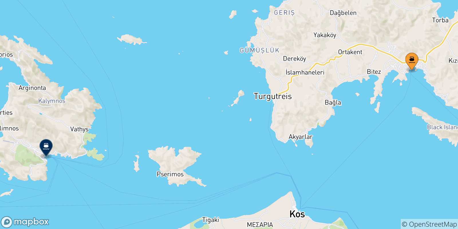 Mappa delle possibili rotte tra la Turchia e Kalymnos