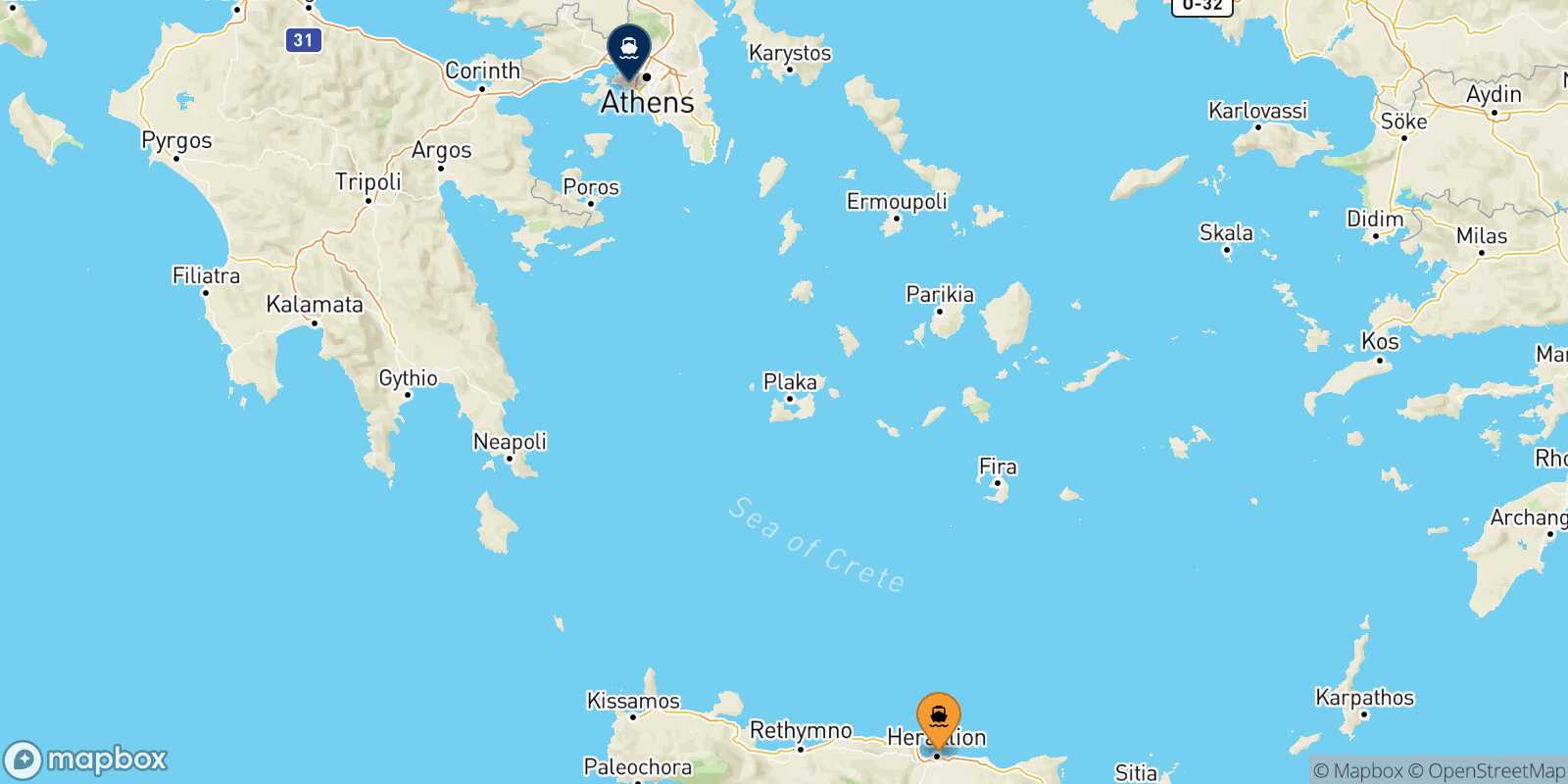 Mappa della rotta Heraklion Pireo