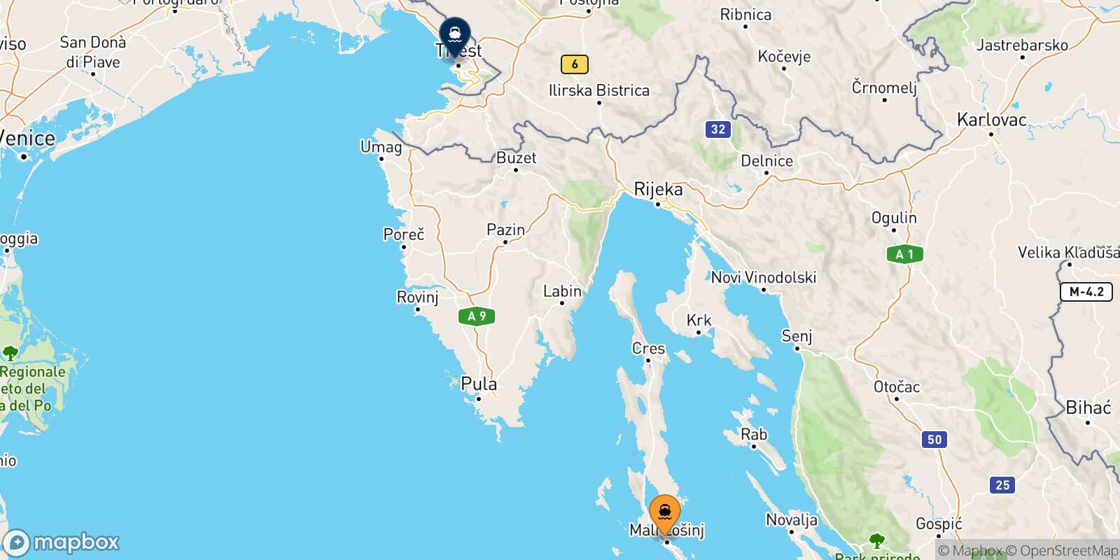Mappa della rotta Lussinpiccolo Trieste
