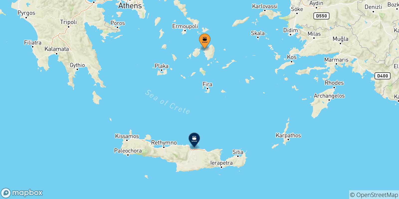 Mappa delle possibili rotte tra Naxos e Creta