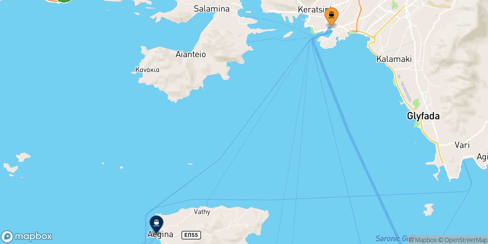 Mappa della rotta Pireo Aegina