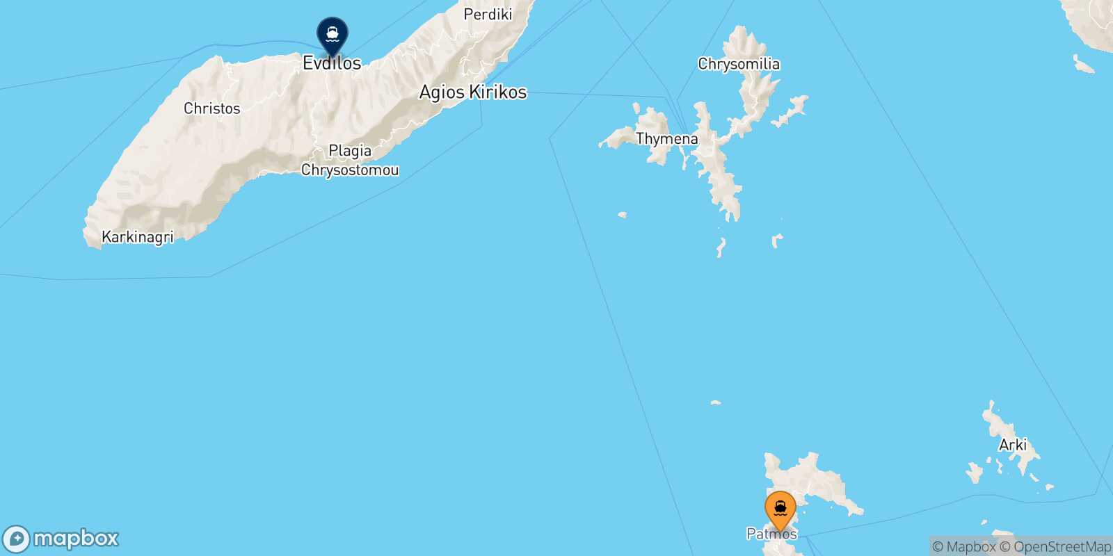 Mappa della rotta Patmos Agios Kirikos (Ikaria)