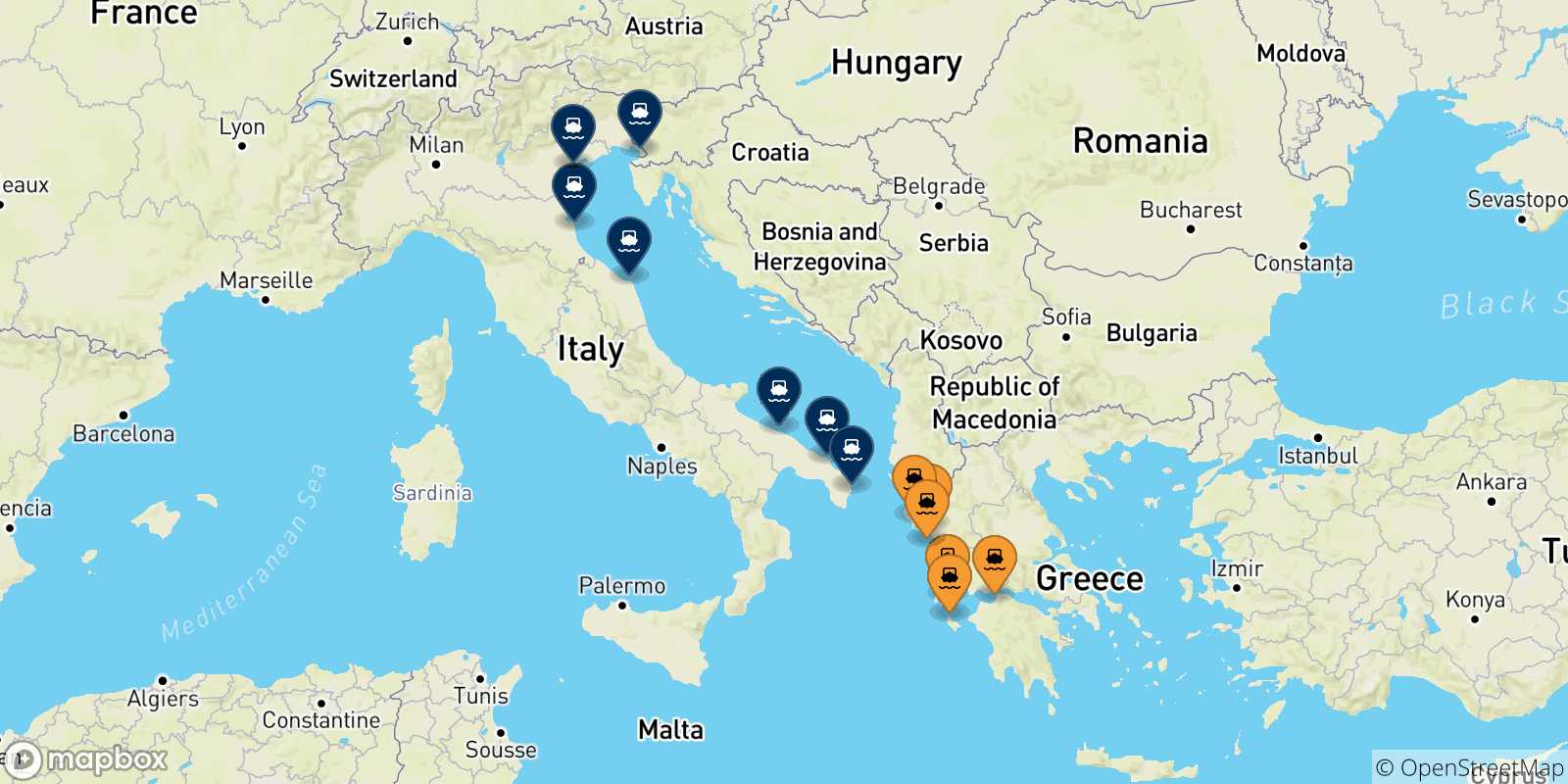Mappa delle possibili rotte tra la Grecia e l'Italia