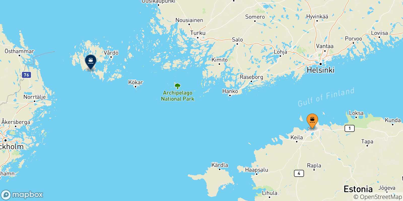 Mappa delle possibili rotte tra l'Estonia e Mariehamn