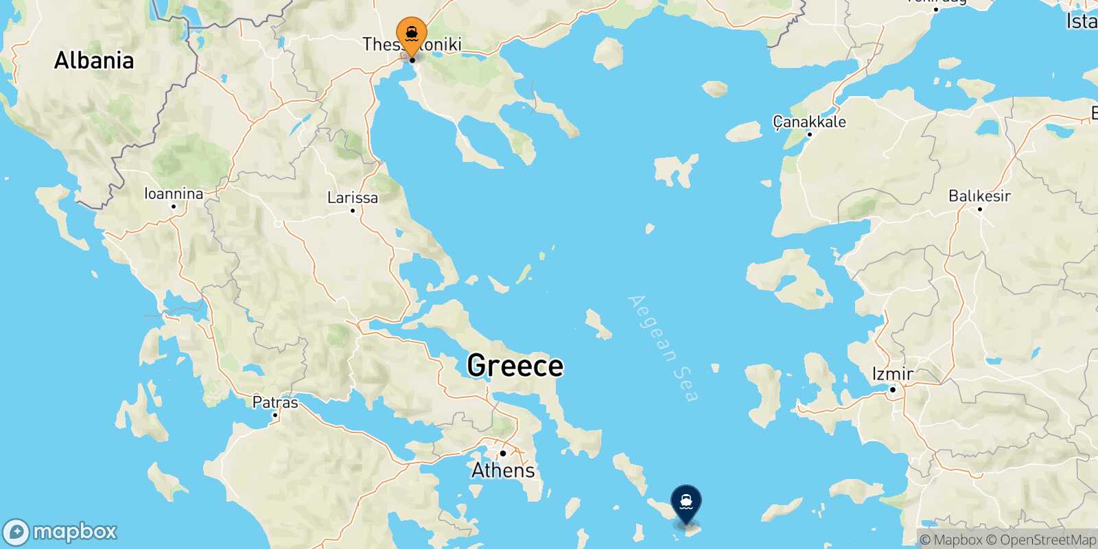 Mappa della rotta Salonicco Mykonos