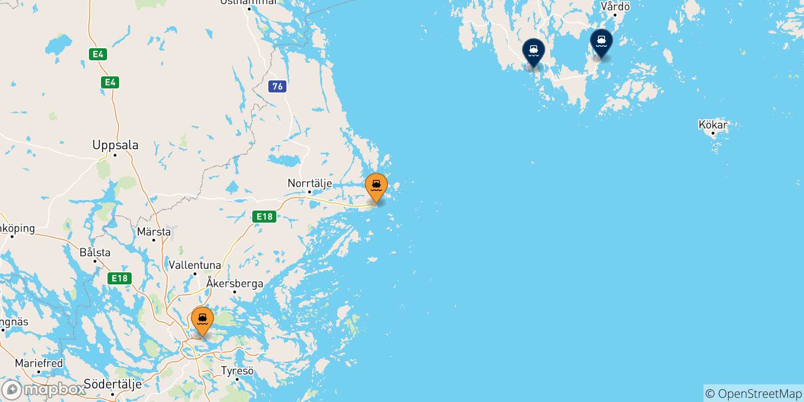 Mappa delle possibili rotte tra la Svezia e le Isole Aland