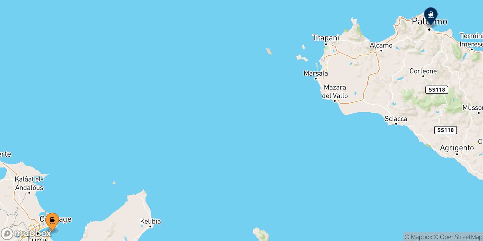 Mappa della rotta Tunisi Palermo