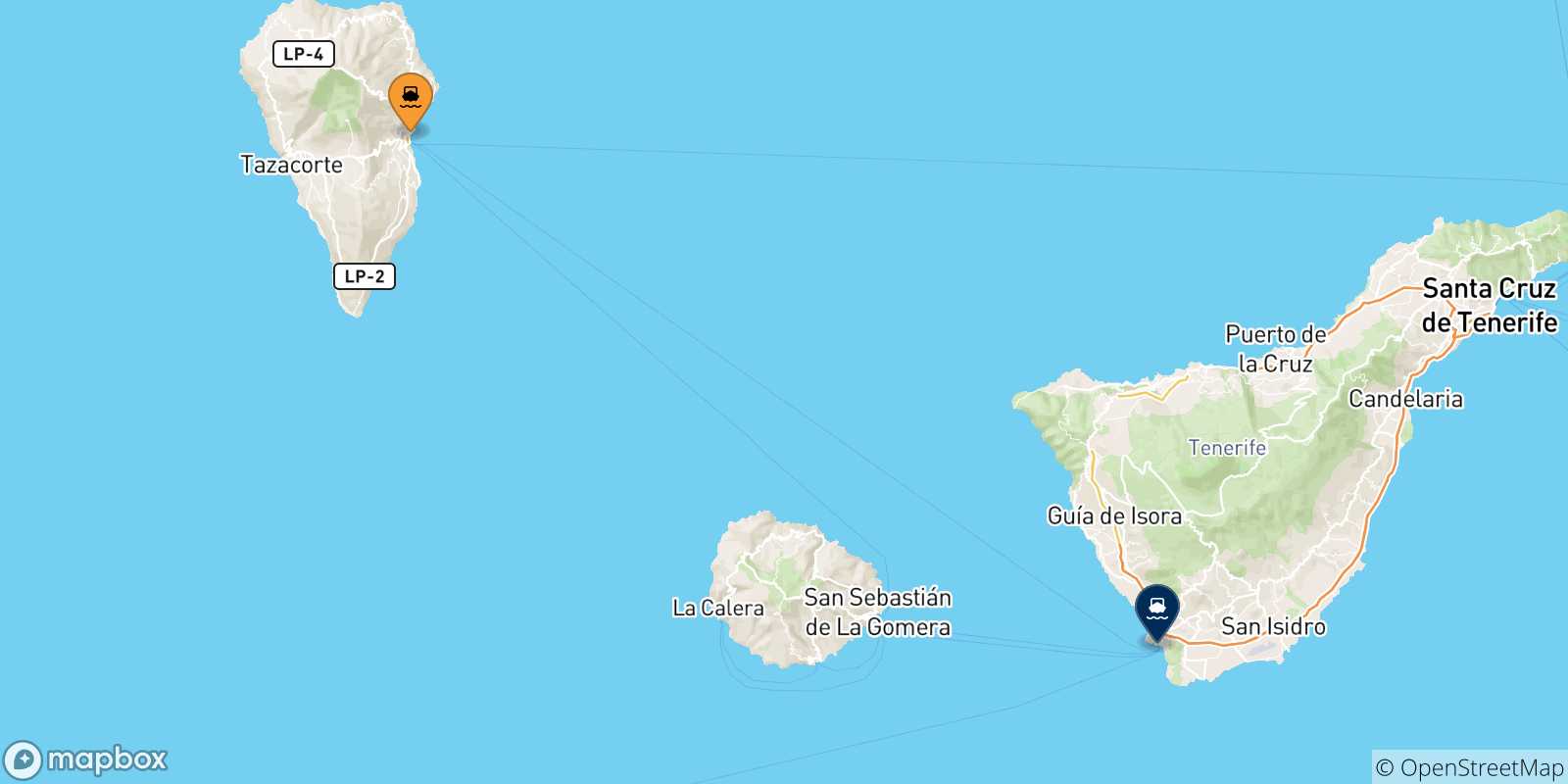 Mappa delle possibili rotte tra Santa Cruz De La Palma e la Spagna