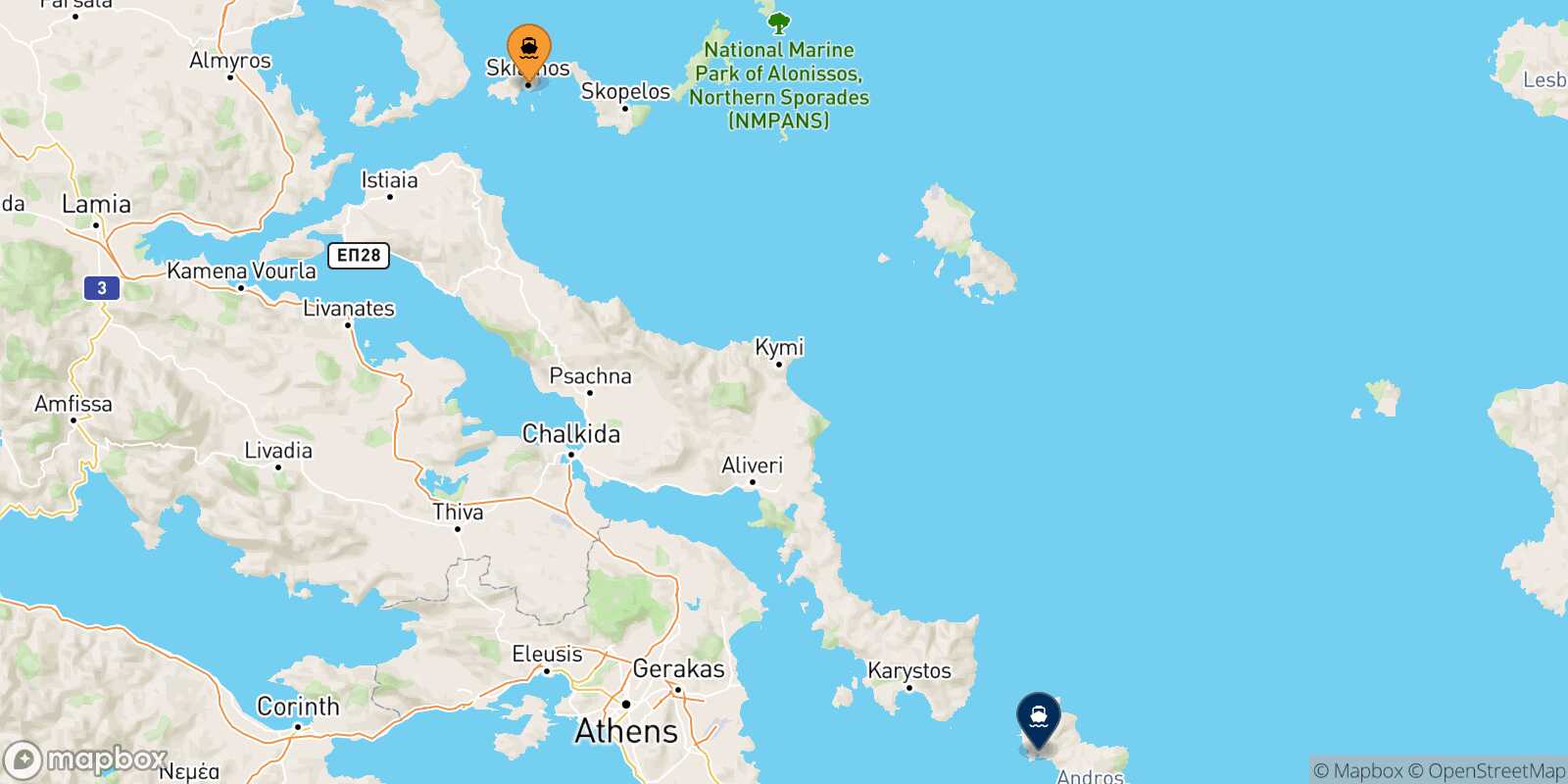 Mappa della rotta Skiathos Andros