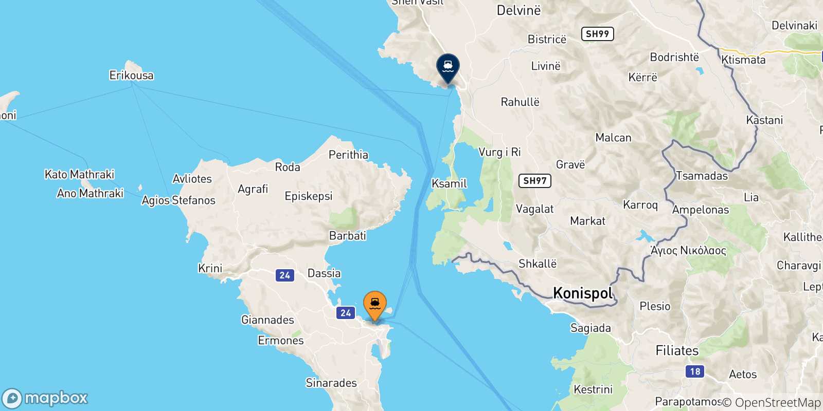 Mappa delle possibili rotte tra la Grecia e l'Albania