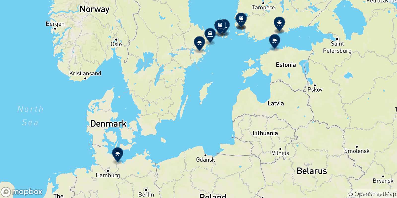 Mappa delle destinazioni raggiungibili dalla Finlandia