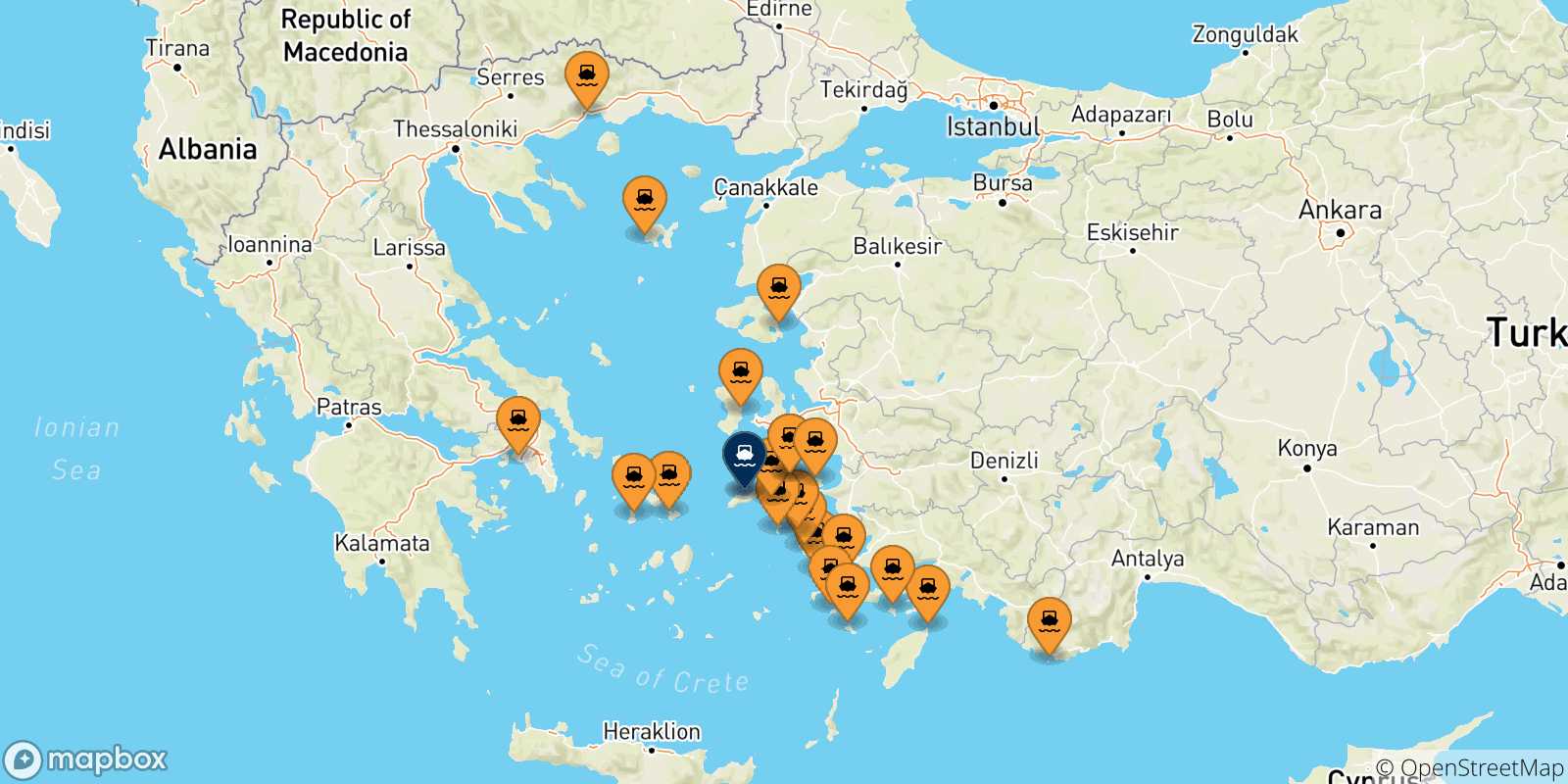 Mappa delle possibili rotte tra la Grecia e Agios Kirikos (Ikaria)