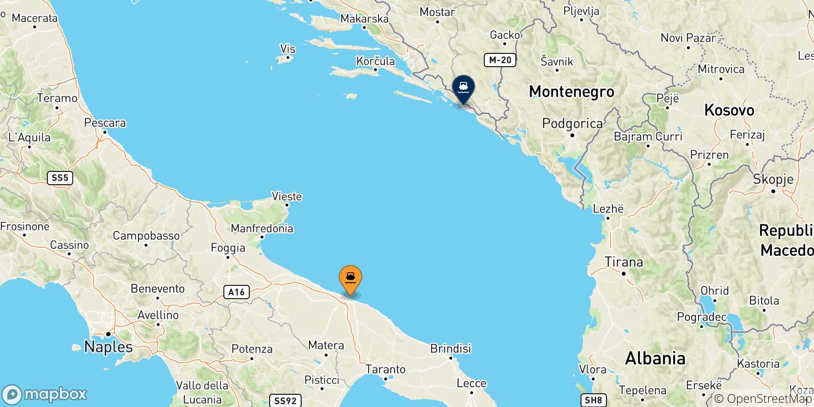Mappa delle possibili rotte tra Bari e la Croazia