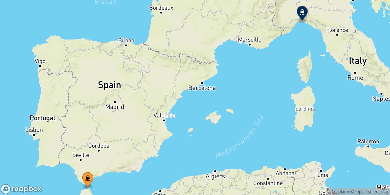 Mappa della rotta Tangeri Med Genova