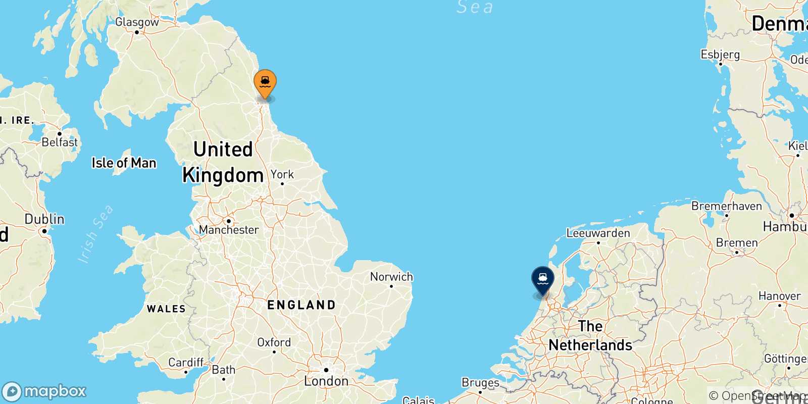 Mappa delle possibili rotte tra il Regno Unito e l'Olanda