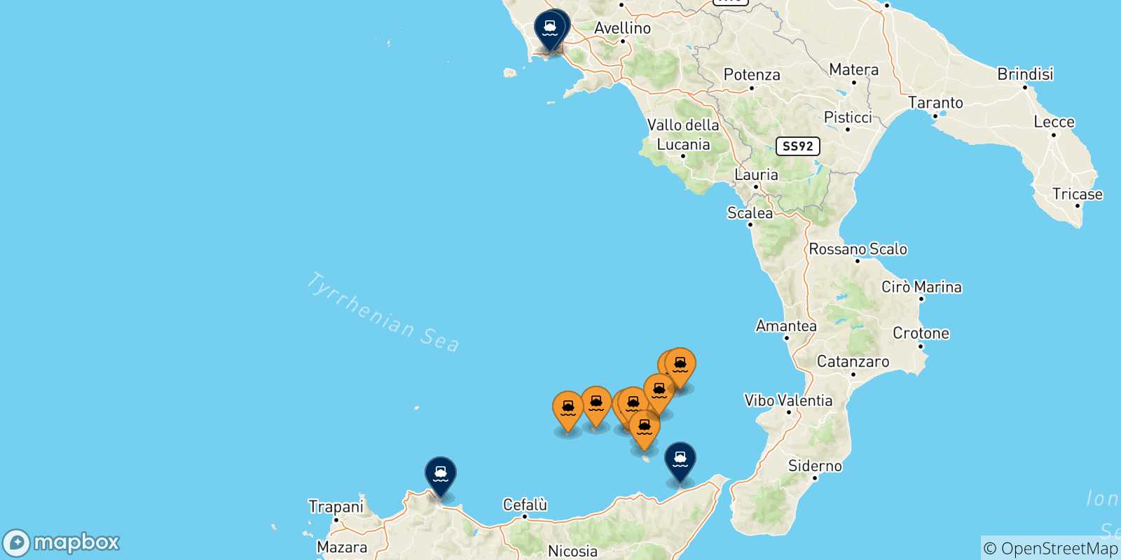 Mappa delle possibili rotte tra le Isole Eolie e l'Italia