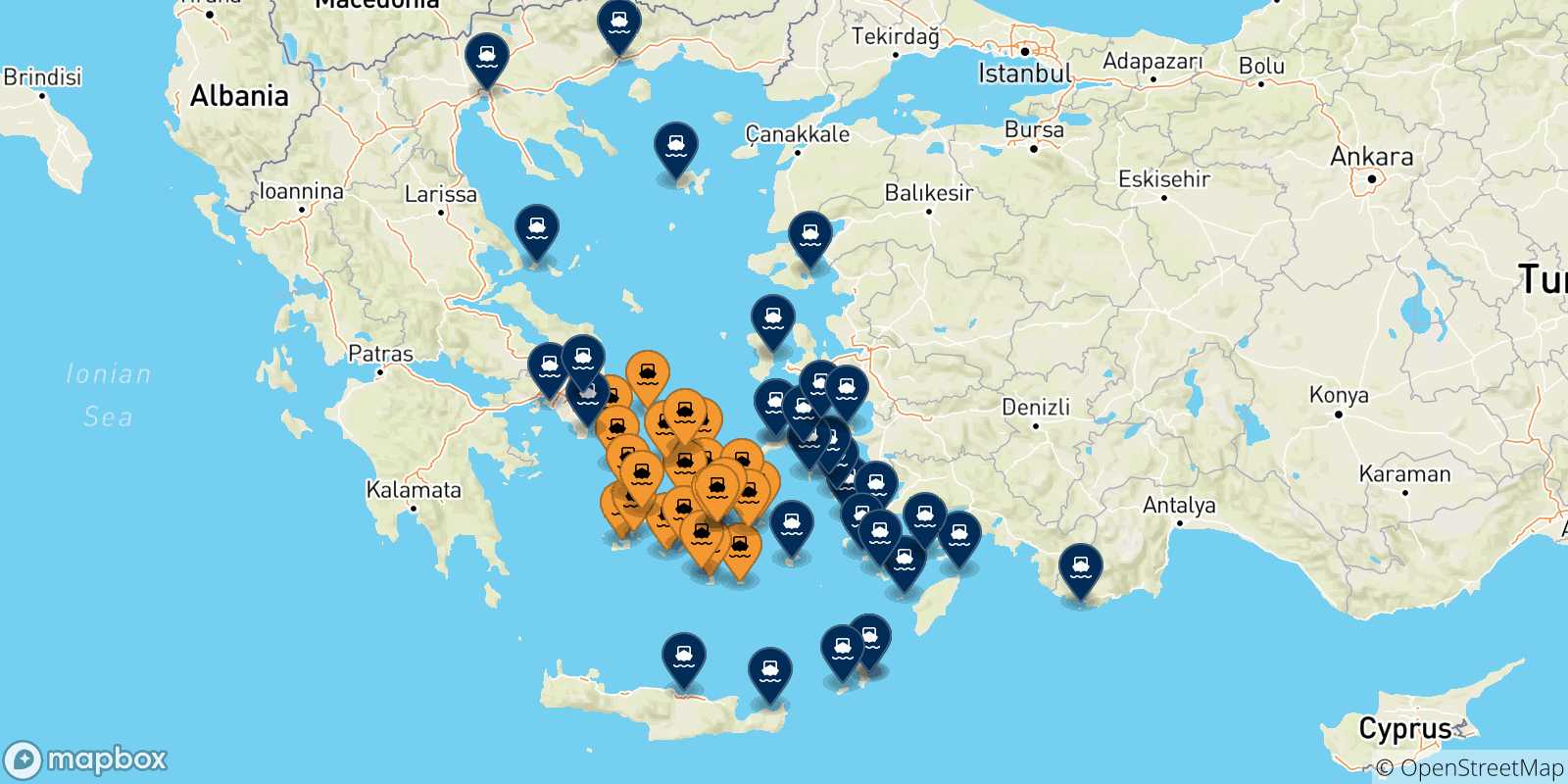 Mappa delle possibili rotte tra le Isole Cicladi e la Grecia