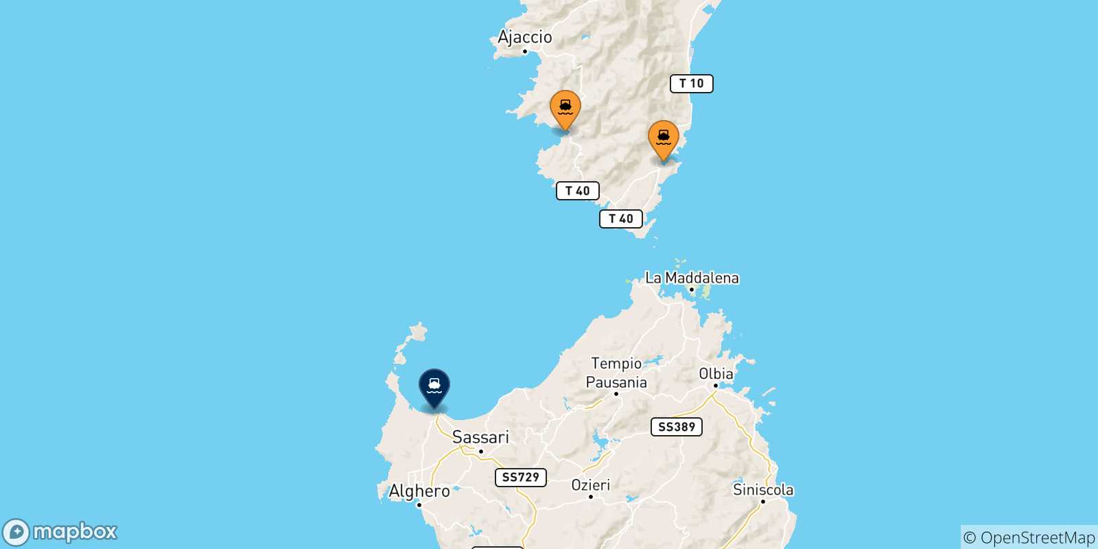 Mappa delle possibili rotte tra la Corsica e Porto Torres