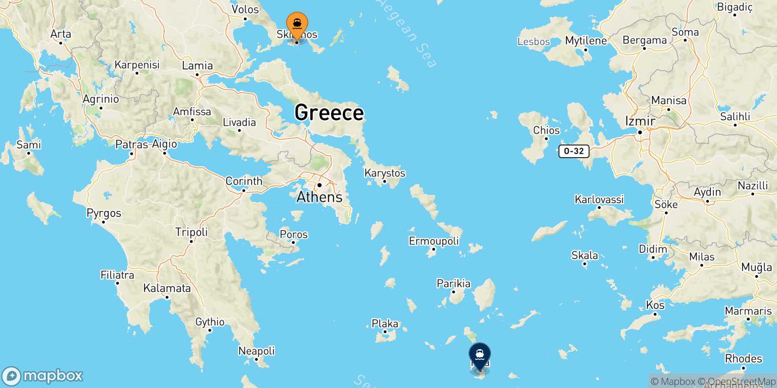 Mappa della rotta Skiathos Santorini