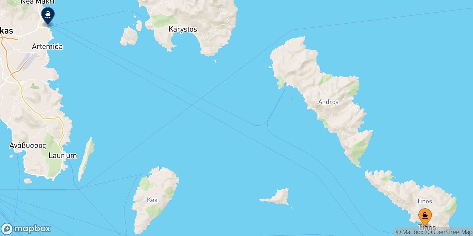 Mappa della rotta Tinos Rafina
