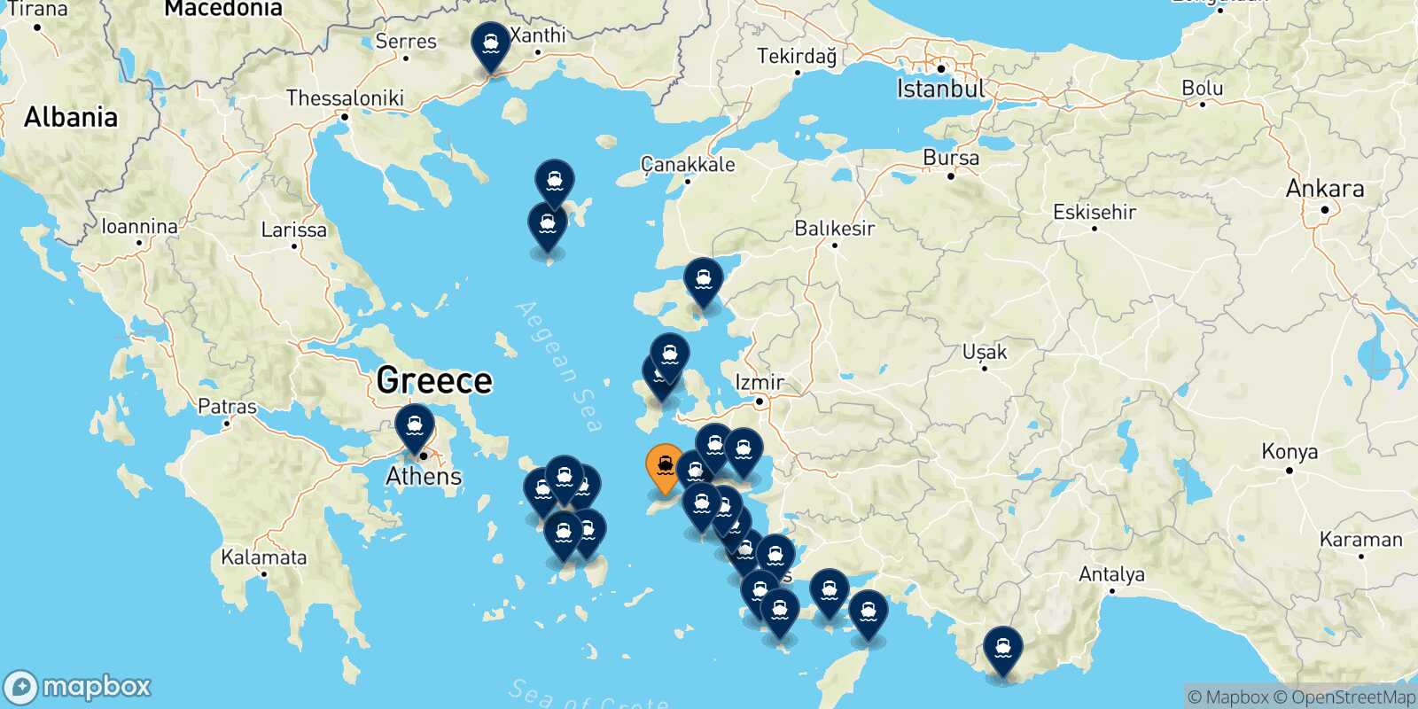 Mappa delle destinazioni raggiungibili da Agios Kirikos (Ikaria)