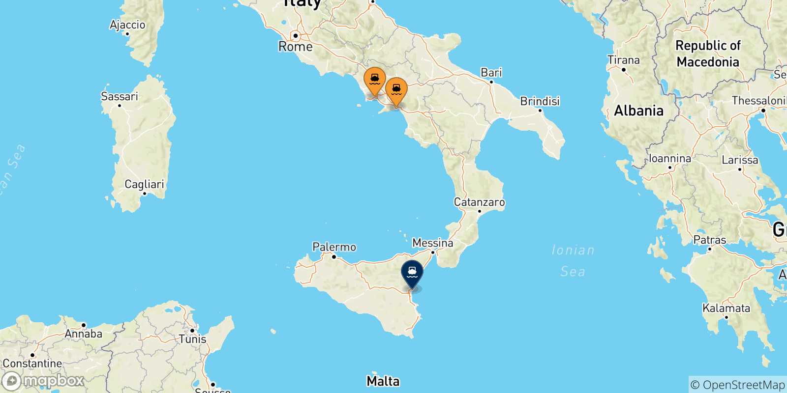 Mappa delle possibili rotte tra l'Italia e Catania