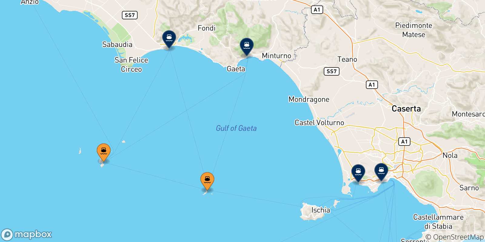Mappa delle possibili rotte tra le Isole Pontine e l'Italia