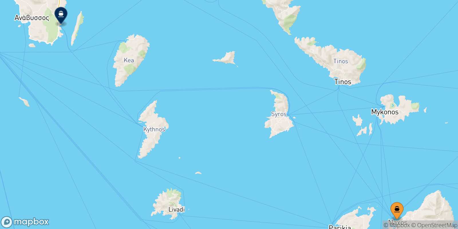 Mappa della rotta Naxos Lavrio