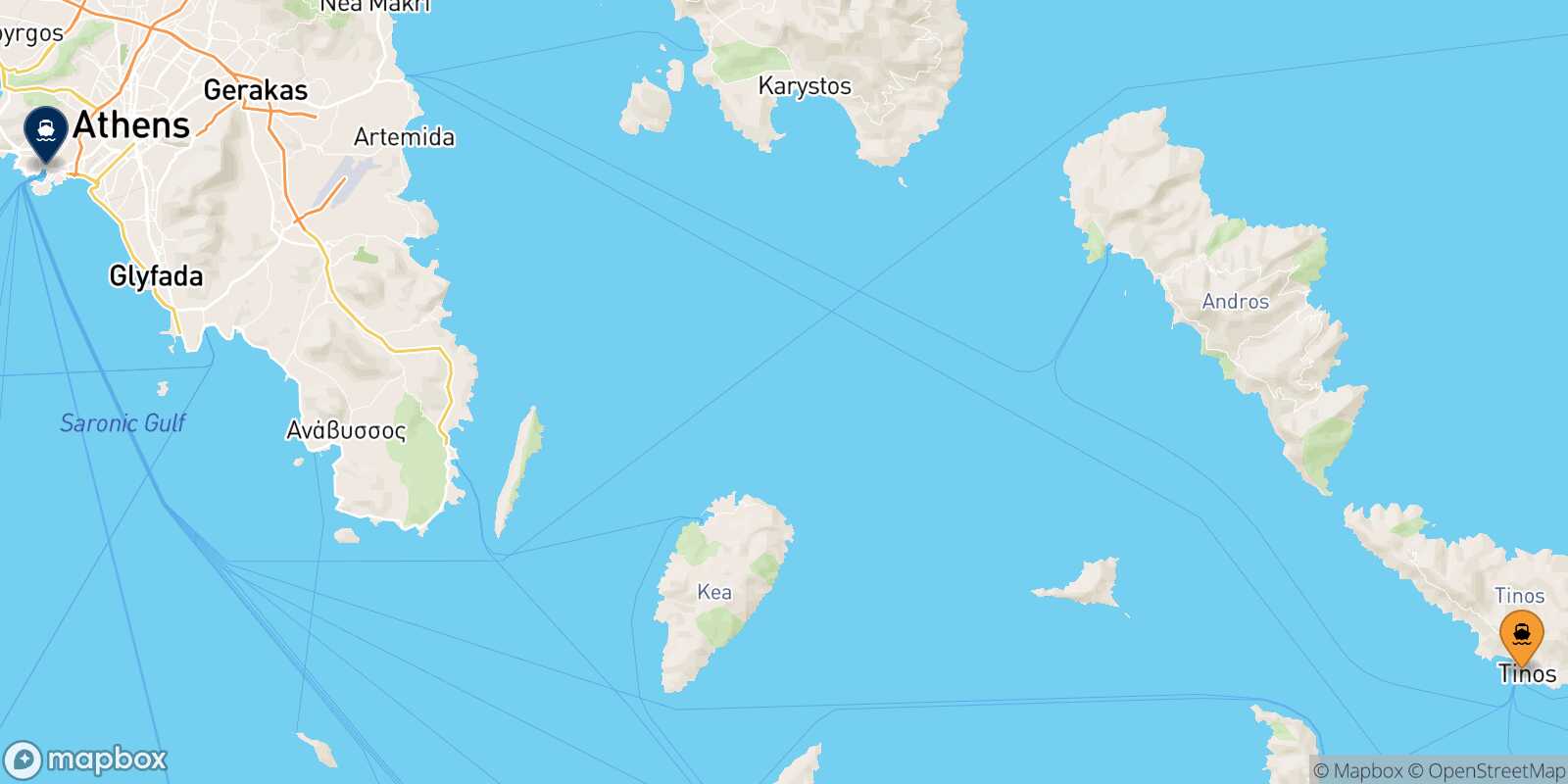 Mappa della rotta Tinos Pireo