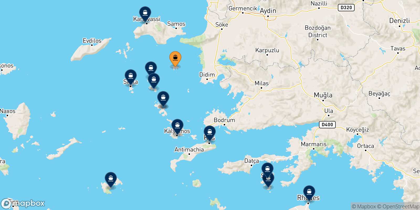 Mappa delle destinazioni raggiungibili da Agathonisi