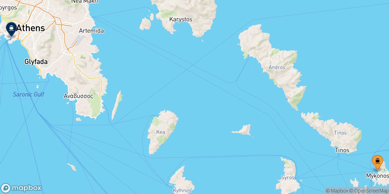 Mappa della rotta Mykonos Pireo