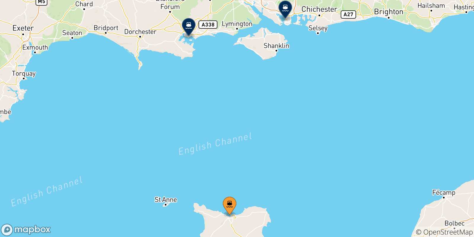 Mappa delle possibili rotte tra Cherbourg e il Regno Unito