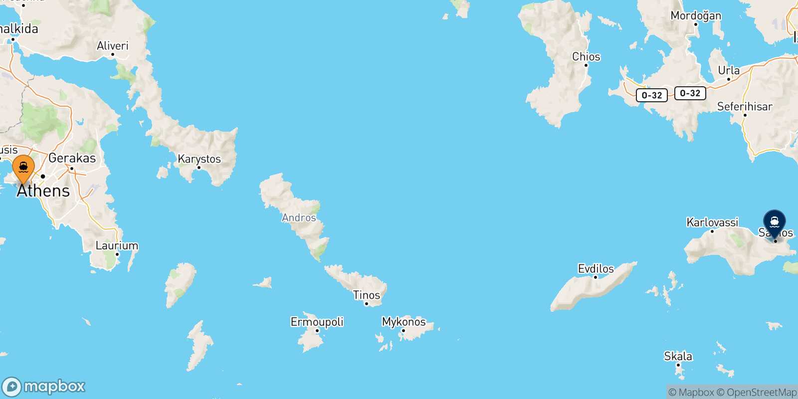 Mappa della rotta Pireo Vathi (Samos)